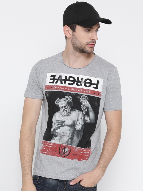 

Flying Machine Men Grey Melange Printed Round Neck T-shirt