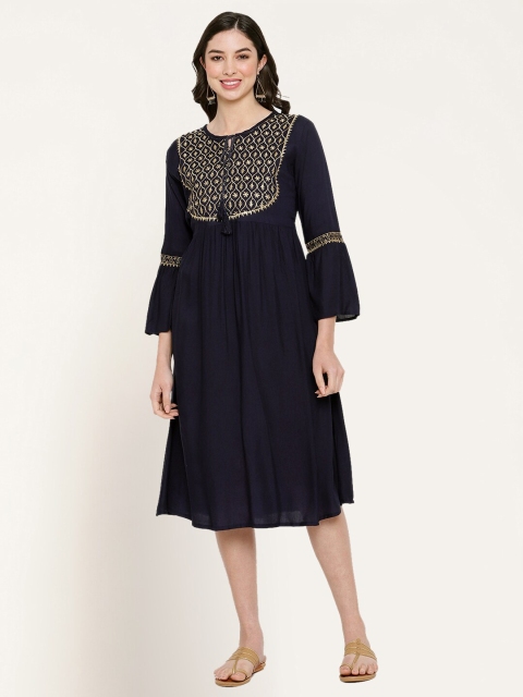 

Miaz Lifestyle Navy Blue Embellished Midi Dress