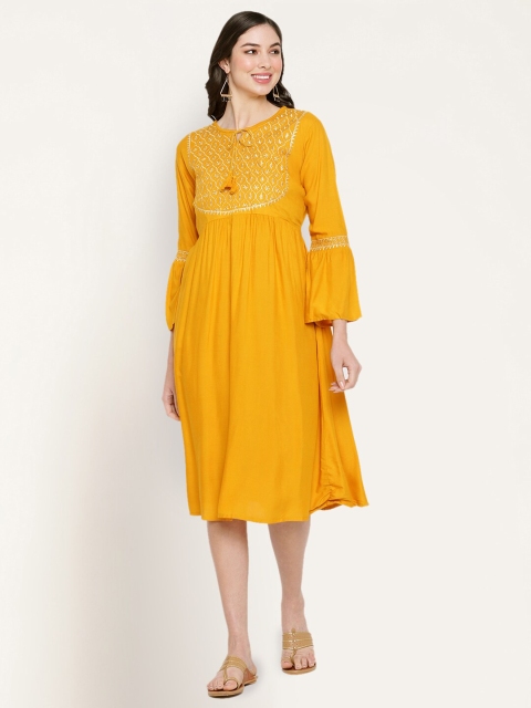 

Miaz Lifestyle Yellow Embellished Midi Dress