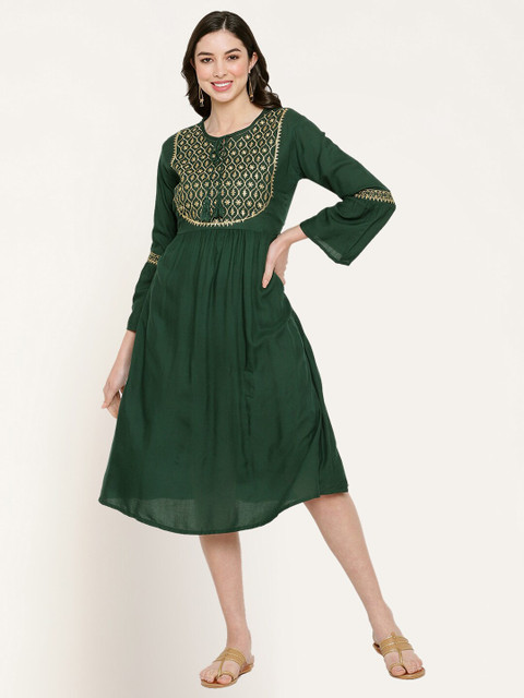 

Miaz Lifestyle Green Ethnic Motifs A-Line Dress