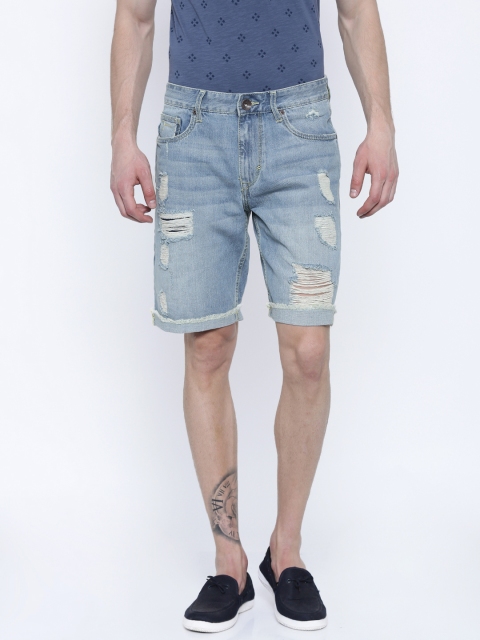 

Flying Machine Men Blue Distressed Denim Shorts