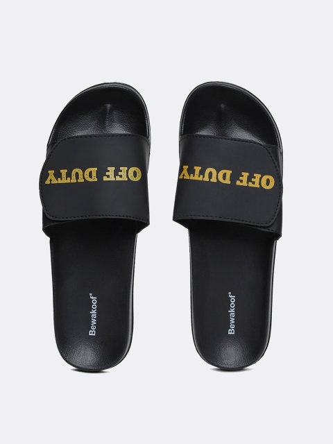 

Bewakoof Men Black & Yellow Printed Rubber Sliders
