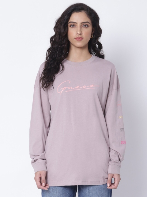 

GUESS Women Taupe Typography Printed Applique T-shirt