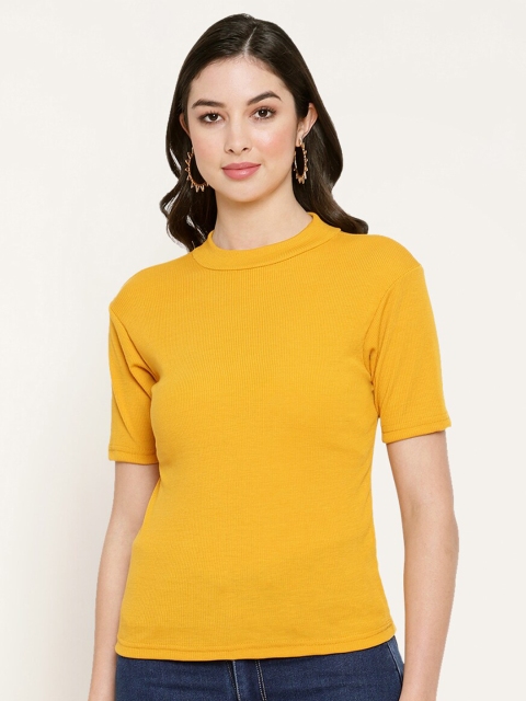 

Miaz Lifestyle Women Mustard Yellow Solid High Neck Top