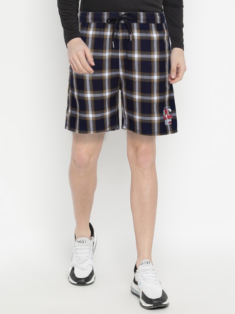 

V2 Value & Variety Men Navy Blue & Green Checked Denim Sports Shorts
