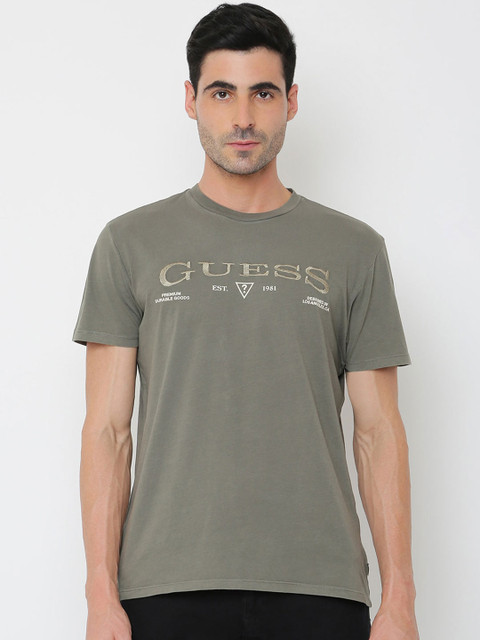

GUESS Men Olive Green Typography Printed Applique Outdoor T-shirt