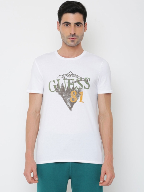 

GUESS Men White Typography Printed Raw Edge Outdoor T-shirt