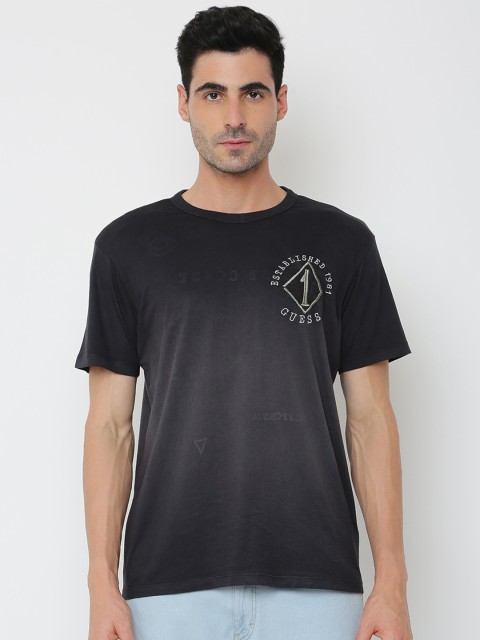 

GUESS Men Black Typography Printed Applique Outdoor T-shirt