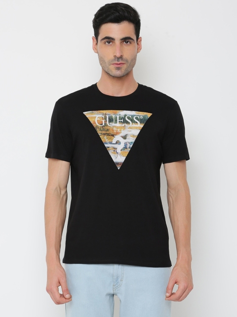 

GUESS Men Black Printed Applique Outdoor T-shirt