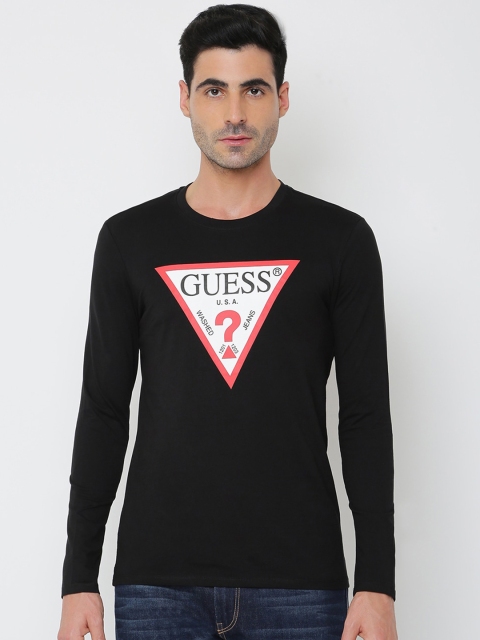 

GUESS Men Black Typography Printed Applique Outdoor T-shirt