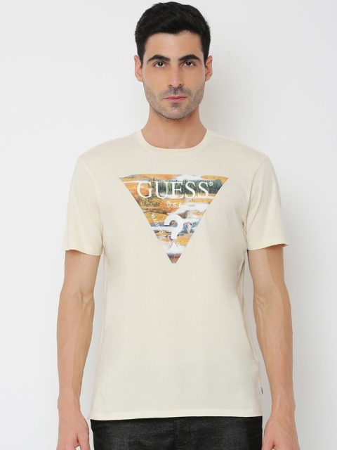 

GUESS Men Cream-Coloured Typography Printed Applique Outdoor T-shirt