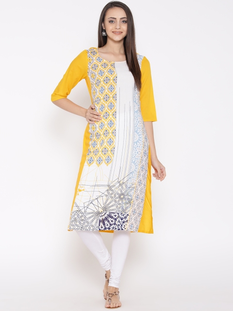 

AURELIA Women Yellow & Off-White Printed Straight Kurta