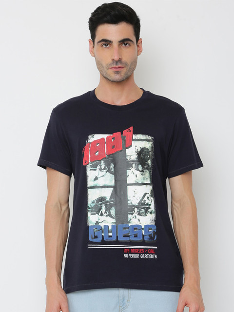 

GUESS Men Navy Blue Printed Raw Edge Outdoor T-shirt