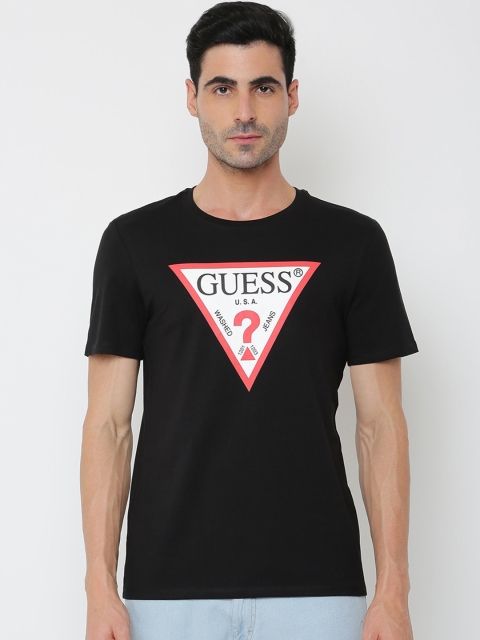 

GUESS Men Black Typography Printed Applique Outdoor T-shirt