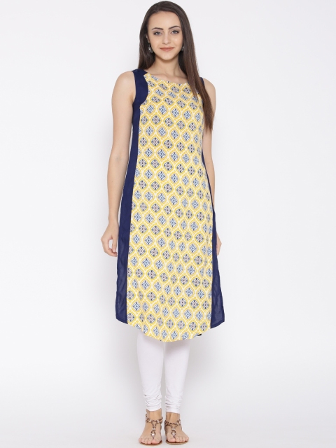 

AURELIA Women Navy & Yellow Printed Straight Kurta, Navy blue