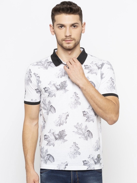 

Status Quo Men White Floral Dyed Polo Collar T-shirt