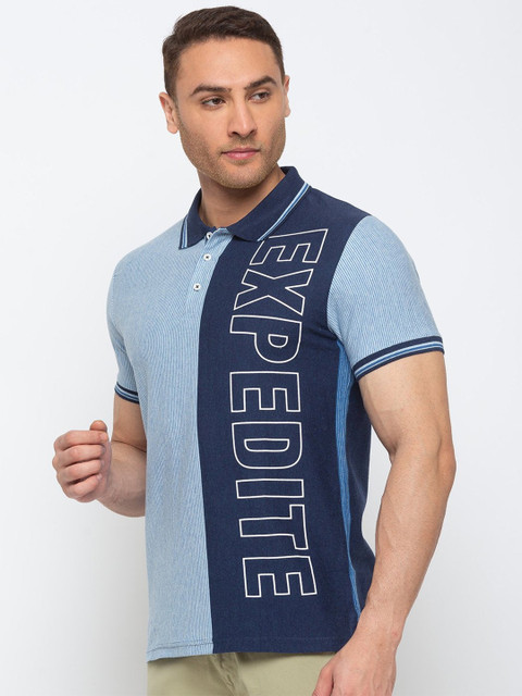 

Status Quo Men Blue Typography Printed Polo Collar Applique T-shirt