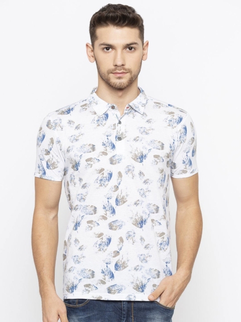 

Status Quo Men White Floral Dyed Polo Collar T-shirt