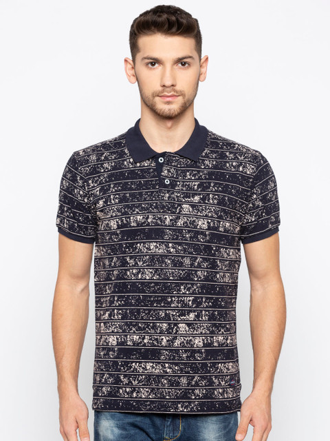 

Status Quo Men Navy Blue Typography Printed Polo Collar T-shirt