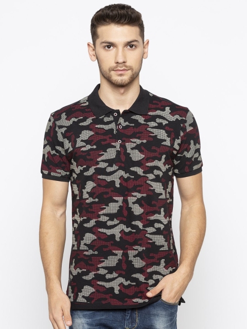 

Status Quo Men Black Camouflage Printed Polo Collar T-shirt