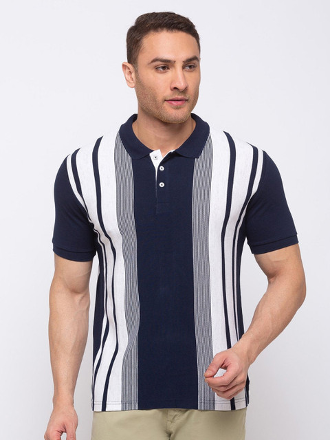 

Status Quo Men Navy Blue Striped Polo Collar T-shirt