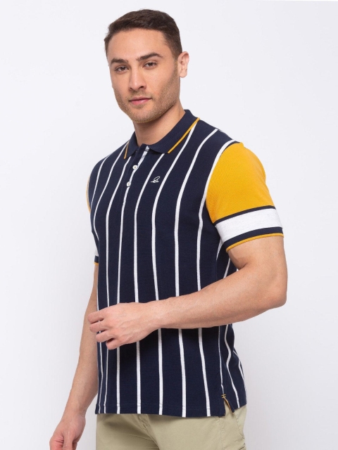 

Status Quo Men Navy Blue Striped Raw Edge T-shirt