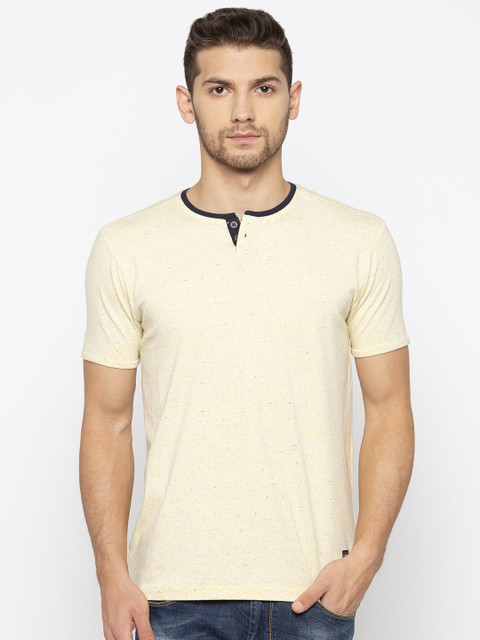 

Status Quo Men Yellow Henley Neck Raw Edge T-shirt