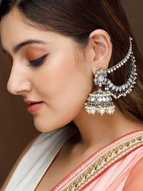 

Rubans Silver-Toned & Plated Mirror Studded Dome Shaped Jhumkas Earrings