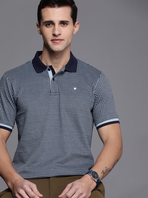 

Louis Philippe Men Navy Blue & Off White Geometric Printed Polo Collar Casual T-shirt
