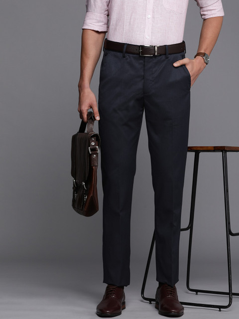 

Louis Philippe Men Navy Blue Striped Slim Fit Formal Trousers