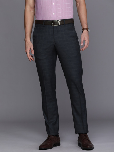 

Louis Philippe Men Navy Blue Checked Slim Fit Mid-Rise Formal Trousers