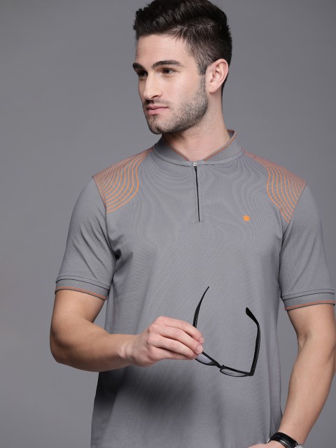 

Louis Philippe Men Grey & Orange Striped Mandarin Collar T-shirt