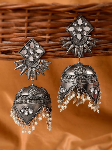 

Shoshaa Silver-Toned & Plated Oxidised Contemporary Jhumkas Earrings