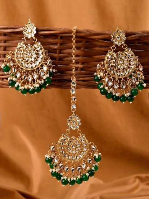 

Shoshaa Gold-Plated White Green Stone-Studded Beaded Jewellery Set
