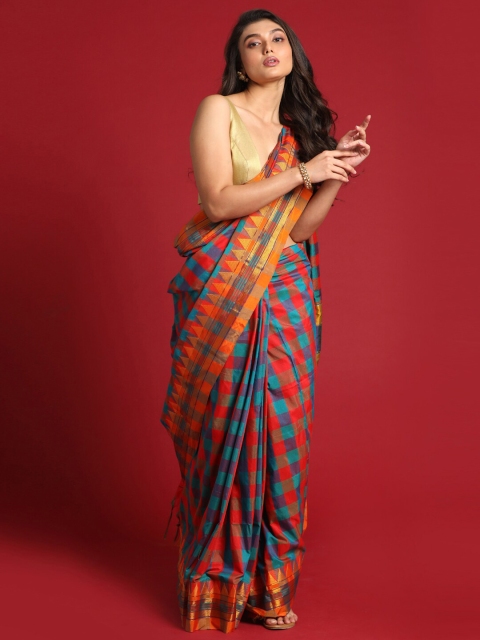 

Indethnic Red & Blue Checked Venkatgiri Saree
