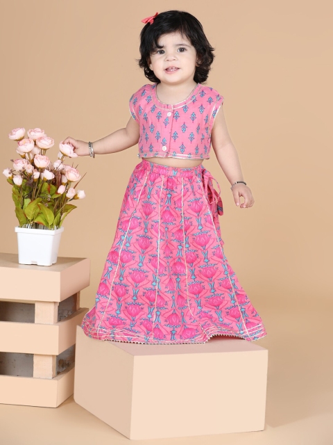 

LIL PITAARA Girls Pink Printed Block Print Ready to Wear Lehenga &