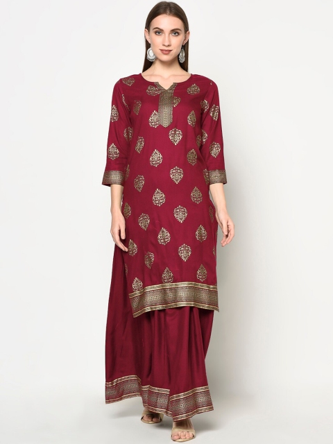 

ERISHA Women Maroon Ethnic Motifs Printed Angrakha Kurti with Skirt