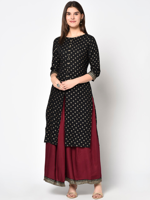 

ERISHA Women Black Ethnic Motifs Printed High Slit Kurta with Skirt
