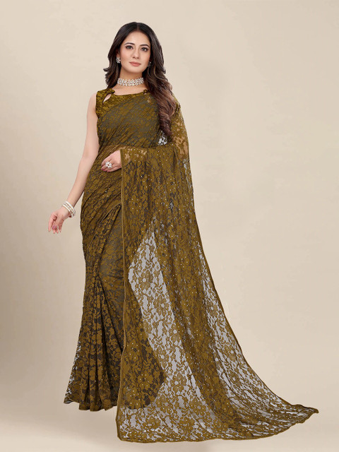 

VAIVIDHYAM Coffee Brown Floral Net Saree