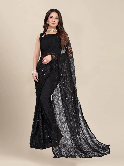 

VAIVIDHYAM Black Floral Embroidered Net Beadwork Saree