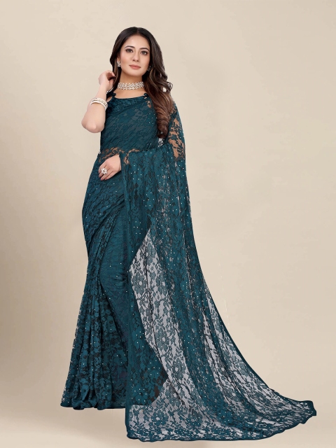 

VAIVIDHYAM Turquoise Blue Floral Net Saree
