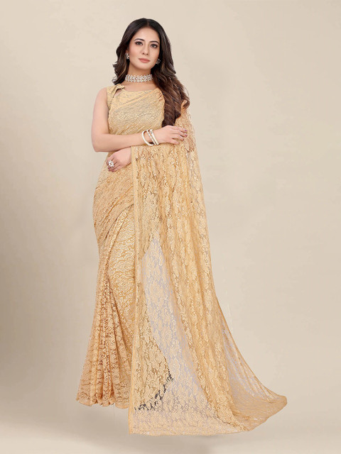 

VAIVIDHYAM Gold-Toned Floral Net Saree