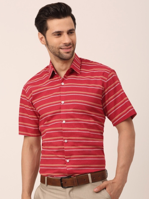 

JAINISH Men Maroon Standard Horizontal Stripes Striped Formal Shirt