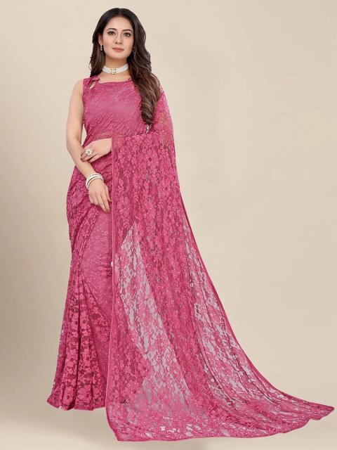 

VAIVIDHYAM Pink Floral Net Saree