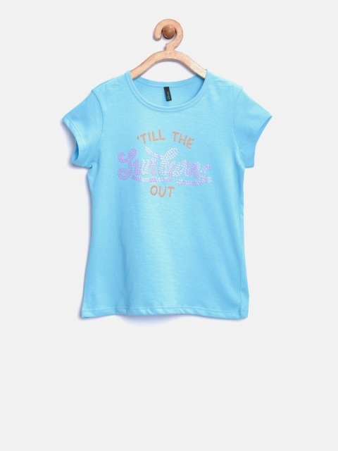 

United Colors of Benetton Girls Blue Printed Round Neck T-shirt