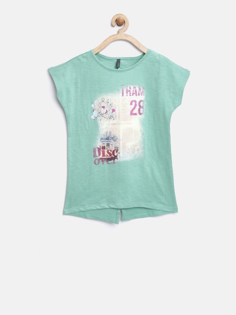 

United Colors of Benetton Girls Green Printed Round Neck T-shirt