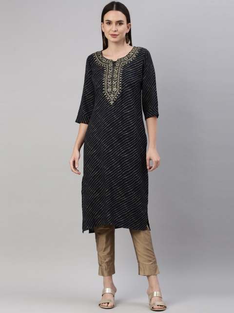 

GOLDSTROMS Women Navy Blue Embroidered Flared Sleeves Thread Work Jacquard Kurta