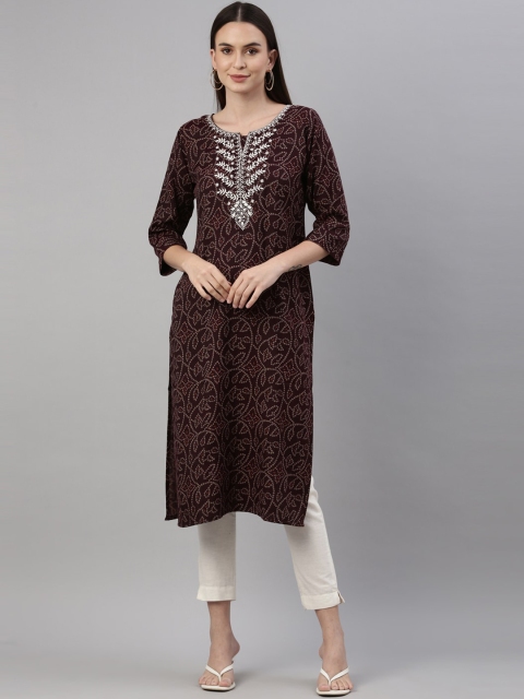 

GOLDSTROMS Women Coffee Brown Geometric Printed Keyhole Neck Jacquard Kurta