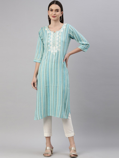 

GOLDSTROMS Women Blue Striped Flared Sleeves Thread Work Jacquard Kurta