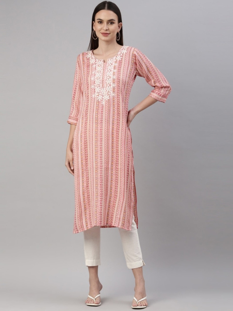 

GOLDSTROMS Women Peach-Coloured Striped Jacquard Kurta